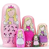 GRPSKCOS Russian Nesting Dolls- Pink Angel Girls Wooden Matryoshka Dolls for Kids Handmade Cute Cartoon Nesting Doll Toy Stacking Doll Set of 5