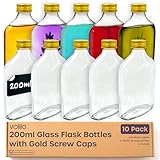 volila 200ml Glass Flask Bottles with Gold Screw Caps, Labels and Pen - 10 Pack Reusable Empty Glass Bottles for Sloe Gin, Liqueur or Homemade Vinegar