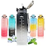 SEASEVEN 1L Water Bottle with Straw,Plastic Drinks Bottle,1 Litre Sports Water Bottles with Time Markings,Girls Boys Waterbottle Leak-Proof & Bpa-Free for Gym,Cycling, Office, Outdoor