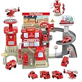 deAO Fire Station Playset, 2-Level Fire Fighting Parking Lot with Ramps Tracks Garage Vehicles Fire Trucks Helicopter Safety Signs, Educational Building Toy for Toddlers Boys Girls