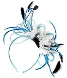 Aqua Cornflower Blue and Cream Net Hoop Feather Hair Fascinator Headband Wedding Royal Ascot Races