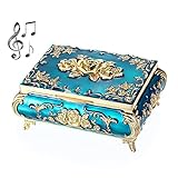 SUMNACON Metal Music Box Musical Jewelry Case Keepsake Case, Vintage Music Organizer Rose Embossed Musical Box for Christmas, Birthday, Valentines Day (Tune:You Are My Sunshine, Blue Gold)