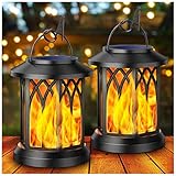 KOOPER Solar Lights Outdoor Garden, 2 Pack Hanging Solar Lanterns with Realistic Flickering Flame LED, Waterproof Flame Effect Garden Ornaments for Pathway Patio Decoration
