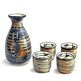 Sake Set Japanese Sake Cup Set Traditional Hand Painted Design Porcelain Pottery Ceramic Cups Crafts Wine Glasses 5 Piece (Blue Rich)