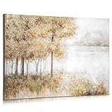 Oairse 101x76cm Beige Gold Forest Abstract Wall Art Large Wrapped Canvas Artwork Modern Landscape Oil Painting Hand-Painted Botanical Wall Decor for Living Room Home Autumn Decoration, Unframed
