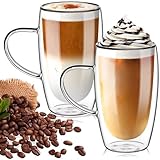 TKNO Set of 2 Pack 450ml Double Walled Tall Glasses Mugs Cups with Handle for Tea Latte Juice Ice Cream Borosilicate Heat Resistant Large Glass Cups, Microwave Safe, Ideal for Hot/Cold