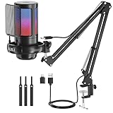NJSJ USB Gaming Microphone Kit for PC, RGB Condenser Microphone Podcast Mic with Monitoring Jack, Quick Mute, Gain Control, Boom Arm Stand for Recording Twitch Mac PS4/5 (Black)