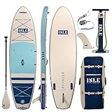 ISLE Pioneer Inflatable Stand Up Paddle Board, Incl. 8′ Coil Leash, Nylon Touring Center Fin, Backpack, Hand pump, Paddle - Beginner friendly SUP - Designed in California Aqua/Navy