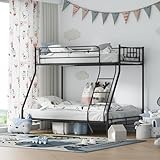 XINBEDEU Triple Bunk Bed Frame for Kids & Adults, Sturdy Metal Bunk Bed 3ft Single Over 4ft6 Double, White Metal Frame with Safety Rail for Children & Teenagers, Space-Saving Design (Black, Double)