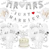 Just Married Wedding Party Decorations - Just Married Party Supplies Includes Bannner Mr & Mrs Balloons Cake Topper Latex Balloons Silver Confetti for Wedding Engagement Bridal Shower Decor