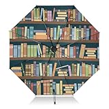 ALAZA Folding Umbrella Bookshelves Of Books Library Compact Travel Umbrella Automatic Open Close, Inverted Umbrella for Rain Windproof Sun Umbrella UV Protection Large Portable Reverse Umbrella