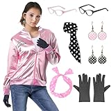 Suffolly Pink Lady Jacket 50s Pink Ladies Grease Outfit with Accessories Earrings Glasses Scarf Headband 1950s Costume Set Fancy Dress for Women Halloween 90S 80s Party(Suit A, M)