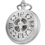 Tiong Vintage Mechanical Pocket Watch Silver Unique Skull Arabic Numerals Steampunk Skeleton Men's Pocket Watches with Chain
