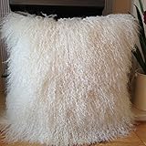 Sobeautifur New 40cm x 40cm Real Genuine Mongolian Sheepskin Long Lamb Wool Fur Cushion Cover - Natural White