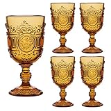 Dibor Wine Glasses Set of 4 Orange Embossed 300ml Drinking Goblets