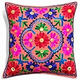 Original Kikan Suzani Multi Colour Floral Embroidery 16"x16" 40 x 40 cm Indian Ethnic Cushion Cover Takiya Sofa pillow Zipper Back