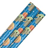 Hallmark Wrapping Paper Roll, Pack of 3 in 1 The Mandalorian Grogu Design, 2M Each, Birthday, Christmas, Blue