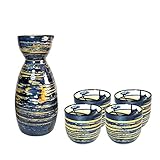 Sake Set Japanese Sake Cup Set Traditional Hand Painted Design Porcelain Pottery Ceramic Cups Crafts Wine Glasses 5 Piece (Blue Wise)