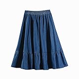 OVJENTSK Women's Elastic High Waist Flared Denim Midi Skirt Tiered Hem Lightweight Breathable Knee Length Casual Summer Jean Skirt for Everyday Wear Blue One Size