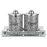 BTSKY Set of 3 Salt and Pepper Shakers with Tray - Glass Crystal Crushed Diamonds Salt & Pepper Canister Storage Jar, Cooking Seasoning Jar, Kitchen Accessories