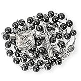 Nazareth Store Hematite Stone Beads Rosary Necklace Our Father Prayer Projection Medal with St. Michael Centerpiece and Jesus Cross