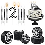 13 Pcs Racing Cars Birthday Candles Black and White Checkered Birthday Cake Candles Number 2 Candle Wheel Tire for Racing Car Theme Decoration Party Supplies Birthday Cake Decorations