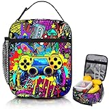 Dszemie Gamer Lunch Box for Boys, Reusable Video Game Lunch Bag for Kids Insulated Lunchbox, Portable Waterproof Leakproof Gaming Lunch Tote Bag, for School Travel Picnic Hiking Beach (A)
