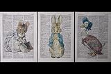 Parksmoonprints 3 x Beatrix Potter Prints Vintage Dictionary Page Wall Art Pictures Peter Rabbit Jemima Quirky Nursery Wall Art