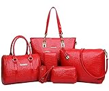 FiveloveTwo Womens Ladies 6 Pieces Handbag Set Hobo Clutch Top Handle Totes Satchels Crossbody Bags and Purse Large Bag+Tote+Shoulder Bag+Wallet+Card Holder Red