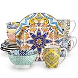 vancasso Jasmin Patterned Dinner Set - 16 Pieces Porcelain Dinnerware Set Moroccan Crockery with 10.5 inch Dinner Plate 8 inch Dessert Plate 23oz Bowl and 12oz Mug, Service for 4