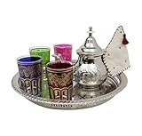 Moroccan Tea Set Engraved Medium: Silver Teapot with Integrated Filter and Teapot Holder, 4 Multicoloured Tea Glasses and Silver Tray, Handmade in Morocco, Serving Mint Tea Gift Set