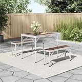 The Fellie Foldable Camping Picnic Table and Chairs Lightweight Outdoor Folding Table with Parasol Hole and 2pcs Bench Chair Set