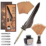 GOLDGE Quill Feather Pen Set - Antique Dip Calligraphy Writing Ink With 5 Replacement Nibs, Holder, 8 Writing Papers and 4 Envelopes