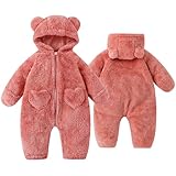 Fohuanky Newborn Baby Bear Pramsuit Warm Fleece Hooded All-in-One Snowsuit Winter Romper for Boys & Girls 0-12 Months (Pink, 3-6 Months)