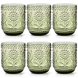 Hacaroa Set of 6 Vintage Drinking Glasses, 350 ml Green Colored Glassware Floral Embossed Water Glasses, Decorative Beverages Tumblers for Cocktail, Whiskey, Beer