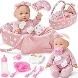 vamei Baby Doll Set, 12 Inches Baby Born Dolls for Girls, Baby Doll Accessories with Clothes Carrier Bassinet Bed Bottle Feeding Set, Pretend Play Toddler Toys Gift for 3 4 5 6 Years Old Girls