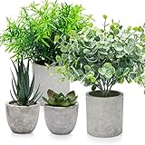 4 Set Artificial Plants Indoors in Pots, Plastic Fake Plants Potted, Eucalyptus, Rosemary, Small Succulents Faux Plants for Office Desk Bedroom Kitchen House Decoration