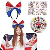 Union Jack Headband with 115pcs UK Temporary Tattoos 50pcs UK Waterproof Stickers for Novelty Costume Fancy Dress,Great Britain National Flag Tattoo for UK Royal Party Celebrat VJ 80 Years Party