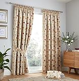 Curtina Natural & Red Floral Pencil Pleat Curtains – 90x90 (229x229cm) – Heavyweight Jacquard – Fully Lined – Traditional Vintage Style Drapes for Bedroom or Living Room – Elegant Pleated Panels