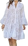 COALHO Women's Embroidery Lace Shirt Dress 2024 Loose Hollow Out Dress Summer Long Sleeve Button Down Short Dresses (White,3XL)