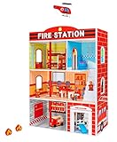 SirWood Globo Toys - Wooden Firefighter Station 3 Floors Decorated with Little Men and Accessories 15 Pieces - 39960, Multi-Colour