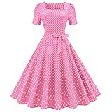 1950s Dresses for Women UK Vintage Elegant 1940s 50s Style Audrey Hepburn Rockabilly Short Sleeve Polka Dots A Line Swing Midi Skater Tea Dress Cocktail Party Evening Prom Gown Plus Size B#Pink XXL
