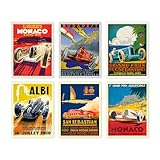 Wallbuddy Set of 6 Car Racing Grand Prix Posters - Formula Poster Motor Racing Print 1930, 1936, 1937, 1952, 1966, 1970 (A3)
