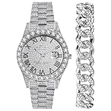 Oidea Iced Out Watch Bracelet Set: Luxury Full Diamonds Rhinestones Watches Roman Numeral Analog Quartz Wristwatch Day Date Casual Business Dress Watch for Mens, Silver