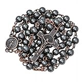 Kuesn 6mm Black Hematite Stone Beads with Antique Copper Plated St.Benedict Center Piece Medal and Crucifix Cross Catholic Rosary Necklace for Men and Women (Black Gold)