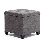 HNNHOME Pouffe Footstool Ottoman Storage Box, 45cm Cube Strong Wooden Frame Linen Living Room Foot stool, Toy Chest, Dressing Stool Seat Chair with Lids for Bedroom (Charcoal)