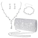 Yolev Bridal Wedding Jewelry Set - Silver Clutch Purse Bag - Rhinestone Necklace, Earrings, Bracelet - Prom Jewelry for Brides & Bridesmaids