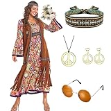 Antsparty 70s Fancy Dress Women, Long Hippie Costume Set with Fringe Vest Retro Dresses & 70s Accessories, 60s 70s Costumes Outfits for Hippie Disco Party