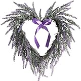 ZHDOKA Artificial Lavender Flower Wreath, Heart Shape Lavender Front Door Wreath Spring Summer Faux Lavender Floral Wreath Springtime Welcome Wreath for Wall Wedding Party Home Decor(Purple)