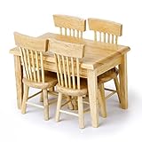 VORCOOL 5pcs 1/12 Dollhouse Miniature Dining Table Chair Wooden Furniture Set (Wood Color)